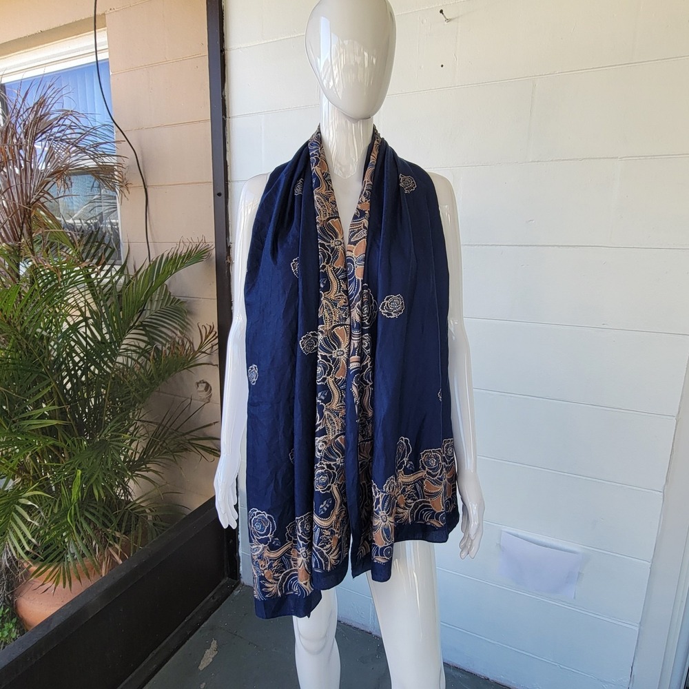 Vintage Navy Blue Large XL Scarf 72"/32" Brown Gold Roses Soft Fabric Romantic - Picture 2 of 8